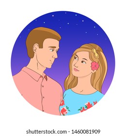 Young beautiful guy and girl are looking at each other against the starry blue sky. Vector illustration.