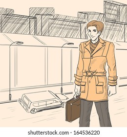 The young beautiful handsome man with case on the street near route. Urban panorama. Autumn. Cloud. Yellow and brown colors. Comic style, vector./Series Urban fashion. Autumn, winter. 