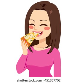Young beautiful happy girl eating a slice of pizza