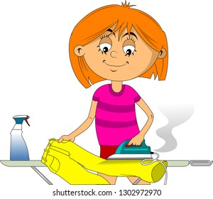 Young beautiful happy girl smiling ironing clothes in house
