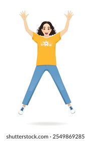 Young beautiful happy woman in casual style clothes dancing or jumping celebrating. Isolated vector illustration