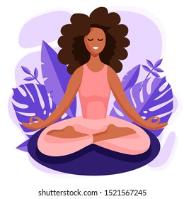 Young Beautiful Healthy African American Black Woman Sitting In Lotus With Purple Tropical Monstera Leaves On The Background. Yoga Concept Vector Illustration.