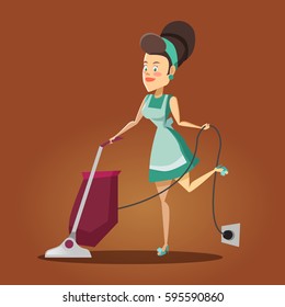 Young Beautiful Housewife Cleaning Service the House with Vacuum Cleaner. Vector illustration