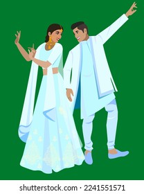 Young beautiful Indian couple in light blue clothes are dancing merrily and looking at each other lovingly Vector