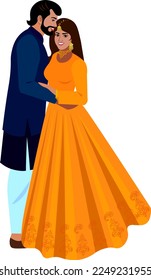 Young beautiful Indian couple wedding bride and groom in bright traditional costumes Vector