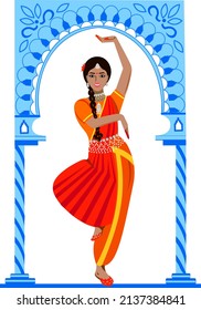 Young beautiful Indian girl dancing folk dance Traditionally bright clothes and jewelry on the dancer Graceful figure of a girl on the background of an openwork frame Vector