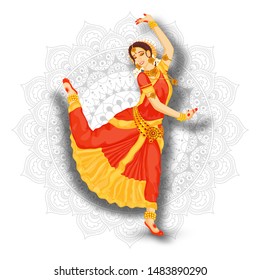 Young beautiful Indian woman dancer performing Bharatnatyam on white mandala pattern background.