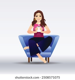 A Young beautiful Indian woman sitting on the couch drinking with drinking coffee Character Design.