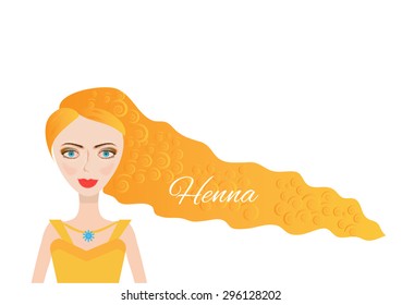 Young, beautiful, isolated, smiling woman, girl with long, orange hair, text Henna, white background 