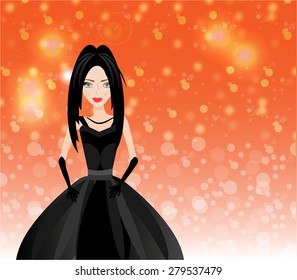 Young, beautiful, isolated, standing, women with straight, black hair, in elegant dress, orange background with lights