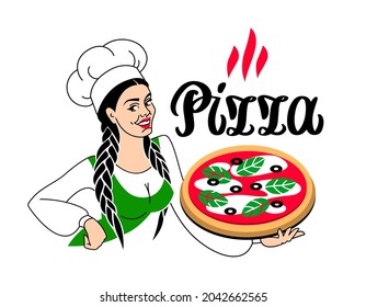 Young beautiful italian girl chef offer to taste pizza. Logo, elegant hand-lettering calligraphy vector. Woman cook for pizzeria. Italy flag colors.