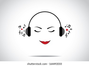 young beautiful lady or girl or woman illustration of listening to great music with closed eyes - love music concept design vector illustration unusual art 