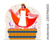 Young beautiful lady in red dress and white apron standing in large wooden basket with berries, crushes grapes with feet. Making wine in handmade factory concept. Flat vector illustration