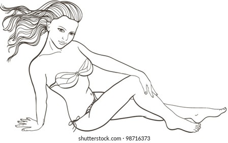A young beautiful long-haired girl in a swimming suit sits on a beach. Vector