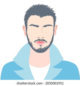 Young beautiful man with beard, abstract portrait, vector fashion illustration. 