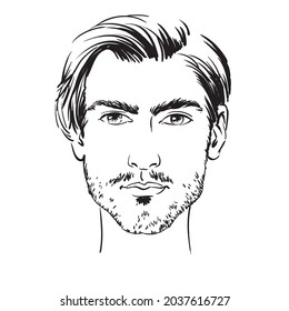 Young beautiful man with beard, linen drawing portrait, sketch vector fashion illustration. 