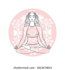 Young Beautiful meditating Yoga woman in lotus yoga pose on ornamental background.Mandala and girl on white backgrop. Black and white linear Vector stock illustration. Logo for yoga studio