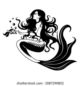 Young beautiful mermaid with a fish. Black silhouette. Design element. Vector illustration isolated on white background. Template for books, stickers, posters, postcards, clothes.mermaid cut file svg