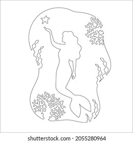 Young beautiful mermaid. Outline silhouette. Design element. Vector illustration isolated on white background. Template for books, stickers, posters, cards, clothes.
