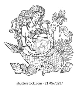 Young beautiful mermaid pregnant in the underwater world. Vector illustration for coloring for adults and children.