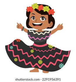 Young beautiful mexican girl in black traditional national dress vector Illustration on a white background.