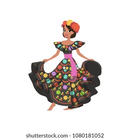 Young beautiful mexican woman in black traditional national dress vector Illustration on a white background