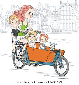 Young beautiful mother carries cute child and dog on the bike in Amsterdam