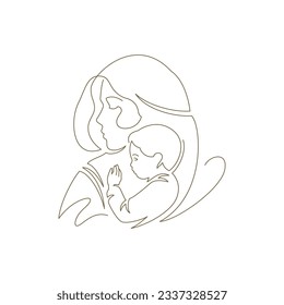 Young beautiful mother hugging little baby son with love silhouette continuous line art logo vector illustration. Happy family mom and kid child embracing to each other tenderness Mother's Day icon