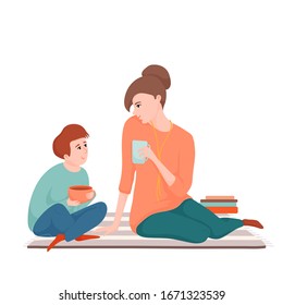 Young beautiful mother and teenage son sitting on the carpet, drinking tea and talking, spending time together, flat cartoon vector illustration isolated on white background. Mom and son drinking tea