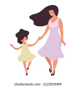 La joven y hermosa madre camina con su pequeña hija. Una mujer y una chica vestidas con sonrisa y baile. Caracteres vectores planos de dibujos animados aislados en fondo blanco.