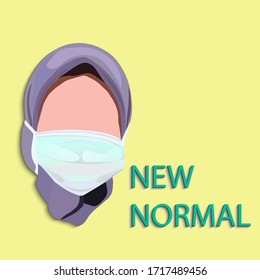 Young beautiful Muslim woman wearing a Medical face mask during the COVID-19 epidemic. Face masks have become the new and background with NEW NORMAL text.