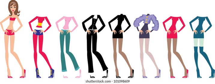 Young beautiful paper dolls with clothes set. vector