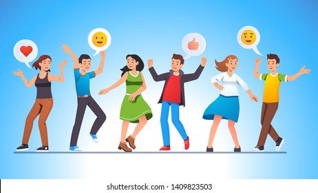 Young and beautiful people group man & woman dancing happy together with joy having fun at music dance party. Dancer person set. Flat style vector character illustration