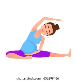 Young beautiful pregnancy woman character meditation while stretching yoga position. Stretch posture. Fitness healthy lifestyle. Pregnant yoga pose. Vector illustration.