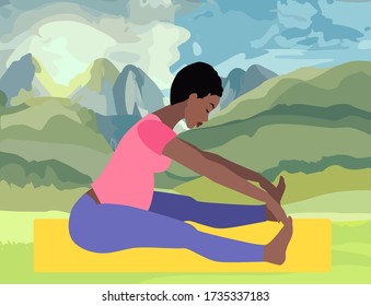 
young beautiful pregnant african american practicing yoga for pregnant women outdoors in the expanses of the sunny savannah, exercise training prenatal , vector EPS 10