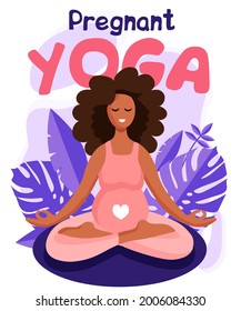 Young Beautiful Pregnant African American Black Woman Sitting In Lotus With Purple Tropical Monstera Leaves On The Background. Yoga Concept Vector Illustration.