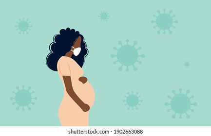 Young beautiful pregnant black woman wearing face mask with virus background