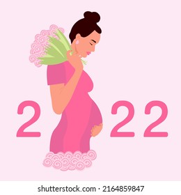 Young beautiful pregnant girl with a bouquet of roses in anticipation of the birth of a child this year. Flat style illustration for greeting cards, birthday parties for baby