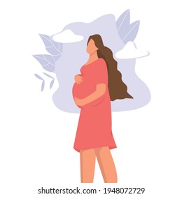 Young beautiful pregnant girl in a dress on an abstract background of leaves. Pregnancy period