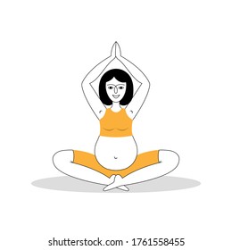 A young beautiful pregnant woman meditates on the floor. Hand-drawn vector illustration of pregnant women practicing yoga.