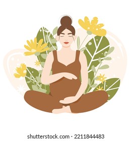 Young beautiful pregnant woman meditating in lotus pose. Flat cartoon vector illustration. Concept of prenatal yoga, healthy pregnancy and motherhood. 