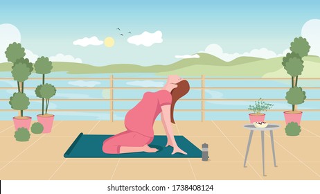 Young and beautiful pregnant woman meditation. Pregnant woman doing yoga on the beautiful terrace. Pre-natal exercises.Yoga on mat with beautiful scene. sun, mountain, cloud and river