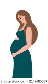 Young beautiful pregnant woman. Side view silhouette. Pregnancy flat character with long hair. Pregnancy or mathernity concept vector illustration