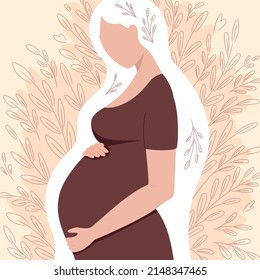 Young beautiful pregnant woman. Side view silhouette. Pregnancy flat character with long hair on a background of leaves. Pregnancy concept vector illustration