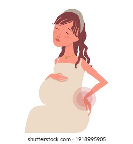 Young beautiful pregnant woman sitting and holding her back with hand, back pain in the lower back. Cartoon illustration, vector. Isolated on white background.