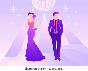 Young and beautiful prom king and queen underr the disco-ball light vector illustration for web and printing.