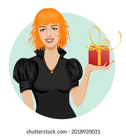Young beautiful red haired woman in black blouse with a gift box in hand on round light green background, vector illustration, eps10