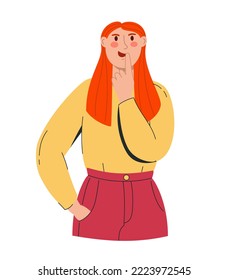 A young beautiful red haired woman ponders the question and holds her chin. In a yellow longsleeve and red trousers. Vector illustration flat isolated white background