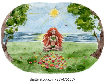 Young and beautiful red-haired girl sitting on the grass among trees on a coast, meditating under the Sun. Woman-deity, Mother Nature, nymph, spirit of Summer, June. Watercolor vector illustration.