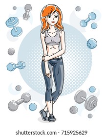 Young beautiful red-haired slim woman adult standing on simple background with dumbbells and barbells. Vector illustration of nice lady. Work out and training theme.